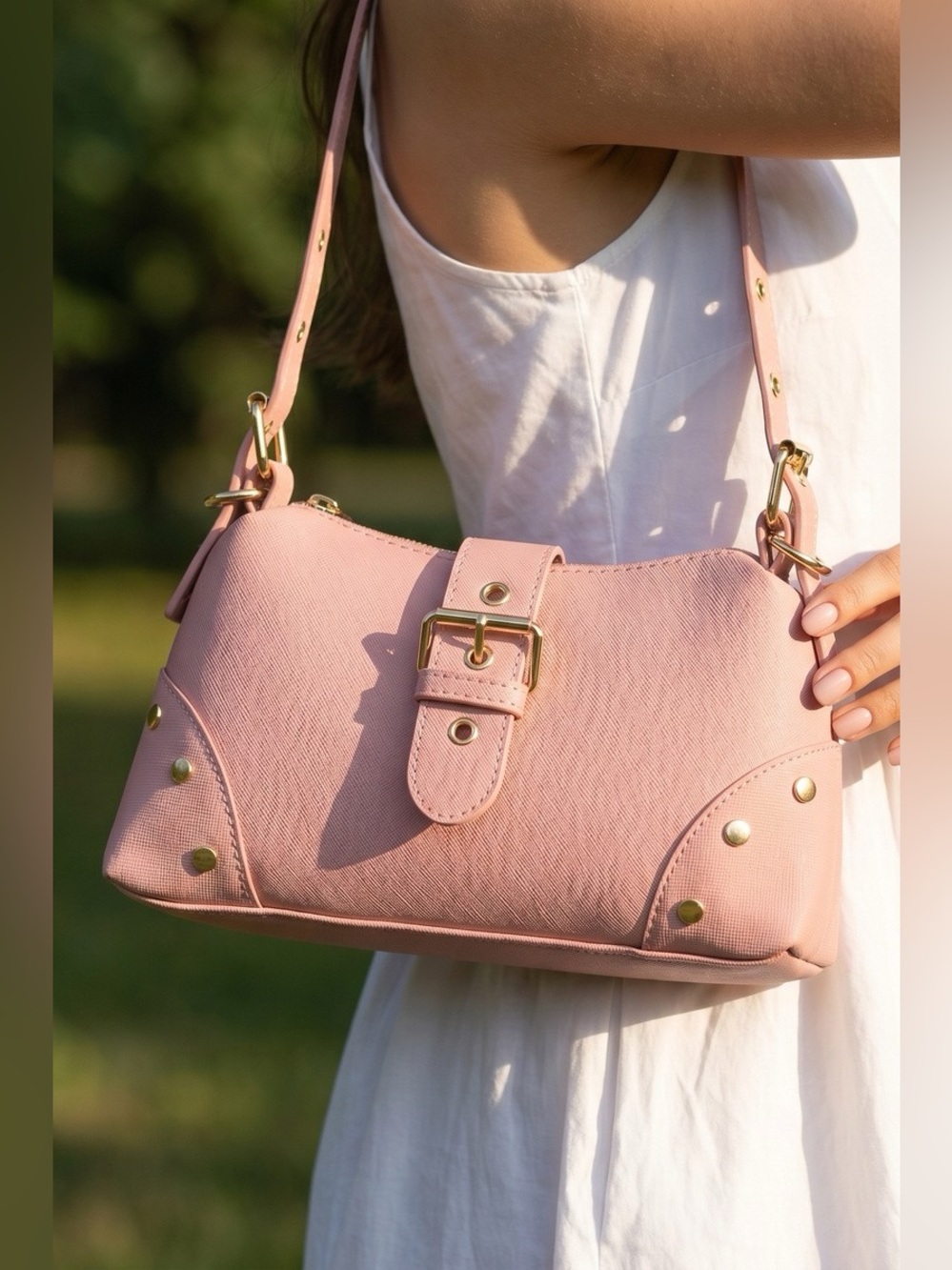 Fame Studded Saffiano Buckle Strap Shoulder Bag